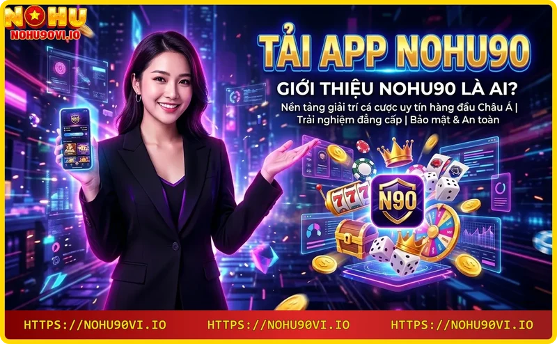 Biểu tượng Nohu90 phát sáng trên bệ kỹ thuật số với hiệu ứng neon và đồng xu vàng