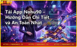 Biểu tượng Nohu90 phát sáng trên bệ kỹ thuật số với hiệu ứng neon và đồng xu vàng