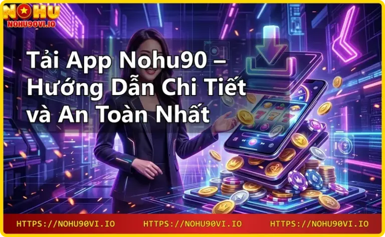 Biểu tượng Nohu90 phát sáng trên bệ kỹ thuật số với hiệu ứng neon và đồng xu vàng