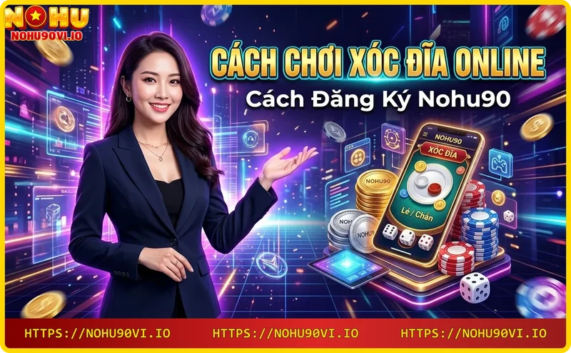 Điện thoại thông minh hiển thị form đăng ký Nohu90 với các bước hướng dẫn, phong cách hiện đại