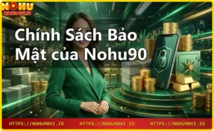 Hình ảnh giới thiệu Nohu90 với không gian casino sang trọng và các biểu tượng bảo mật xung quanh