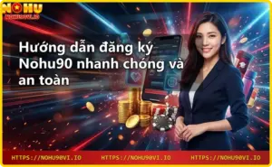 Không gian casino cao cấp với logo Nohu90 phát sáng và máy đánh bạc hiện đại