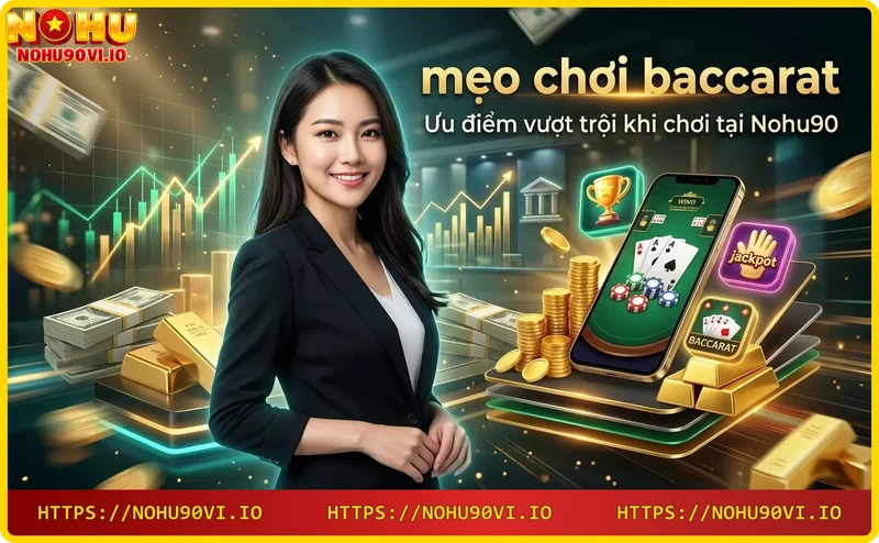 Màn hình laptop hiển thị giao diện baccarat online tại Nohu90, với hiệu ứng neon vàng và xanh tím