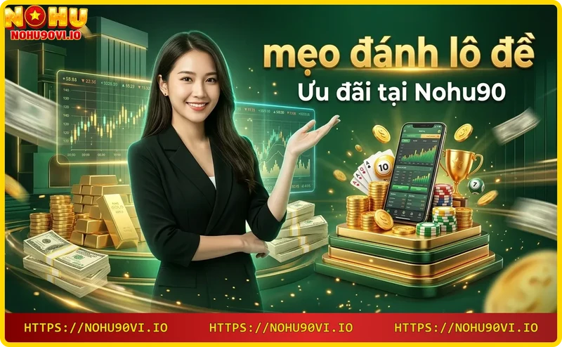 Ưu đãi tại Nohu90 – hộp quà vàng với bóng lô đề và điện thoại hiển thị khuyến mãi